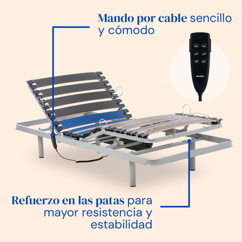 Cama articulada con patas regulables, colchón sanitario y barandillas
