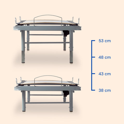 Cama articulada con patas regulables, colchón sanitario y barandillas