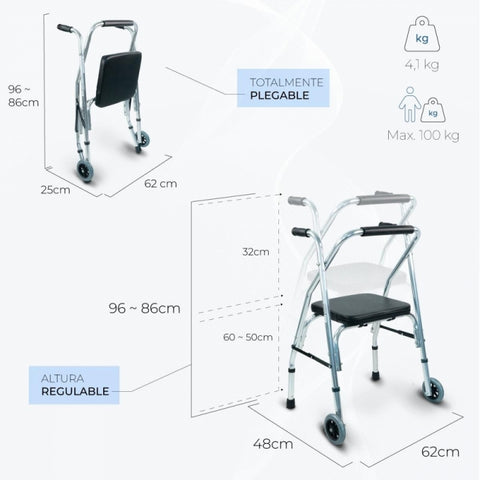 Andador plegable de 2 ruedas, asiento y respaldo
