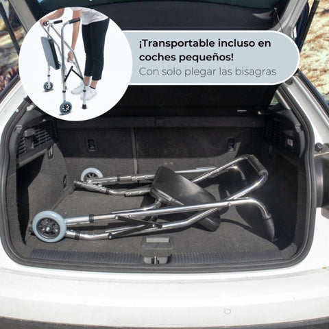 Andador plegable de 2 ruedas, asiento y respaldo