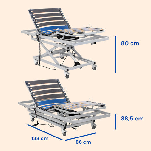 Cama articulada hospitalaria con carro elevador y barandillas - 90x190 cm