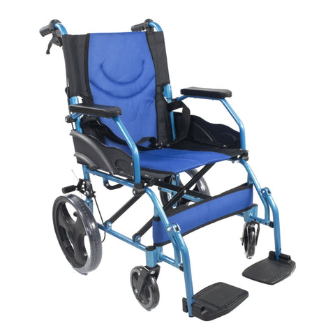 Silla de ruedas plegable de aluminio con frenos en los manillas, color azul