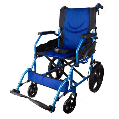 Silla de ruedas plegable de aluminio con frenos en los manillas, color azul