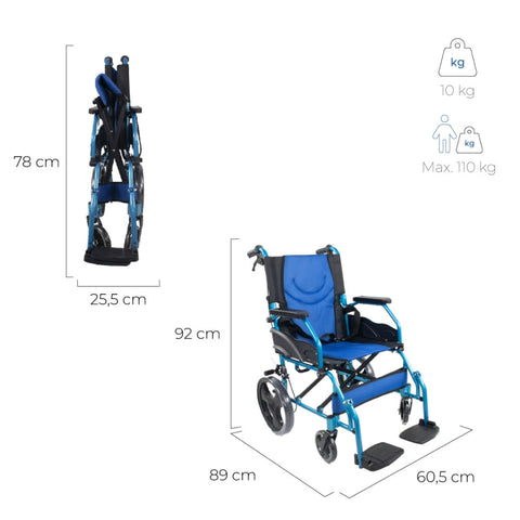 Silla de ruedas plegable de aluminio con frenos en los manillas, color azul