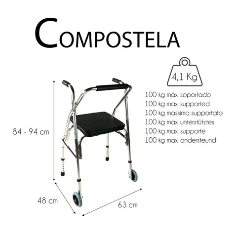 Andador plegable de 2 ruedas, asiento y respaldo