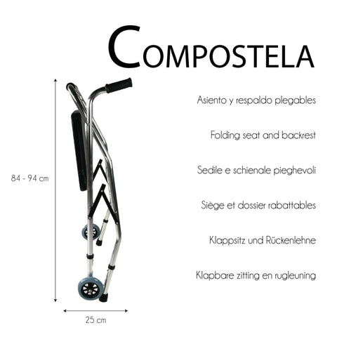 Andador plegable de 2 ruedas, asiento y respaldo